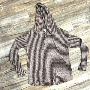 Striped light sweater with hood and peek a boo shoulders